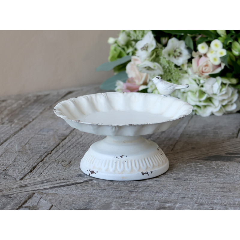 Krémové antik dekorační krmíko pro ptáčky se zdobným ptáčkem - 17*8cm