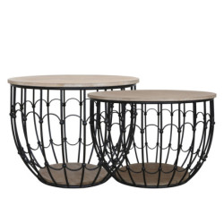2ks černý antik kovový coffee stolek s dřevěnou deskou Charlotte - Ø57*42 cm