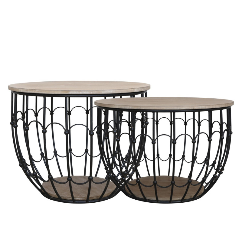 2ks černý antik kovový coffee stolek s dřevěnou deskou Charlotte - Ø57*42 cm