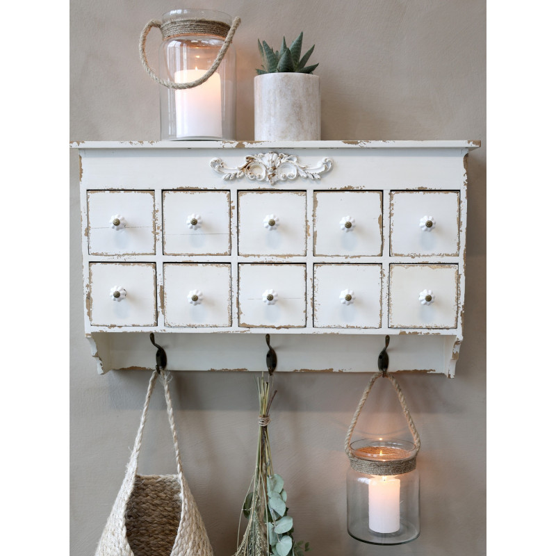 Krémová antik nástěnná dřevěná skříňka se šuplíčky Soffia - 60*15*37cm