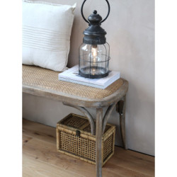 Hnědá antik francouzská dřevěná lavice s proutěným výpletem Old French - 100*42*46cm