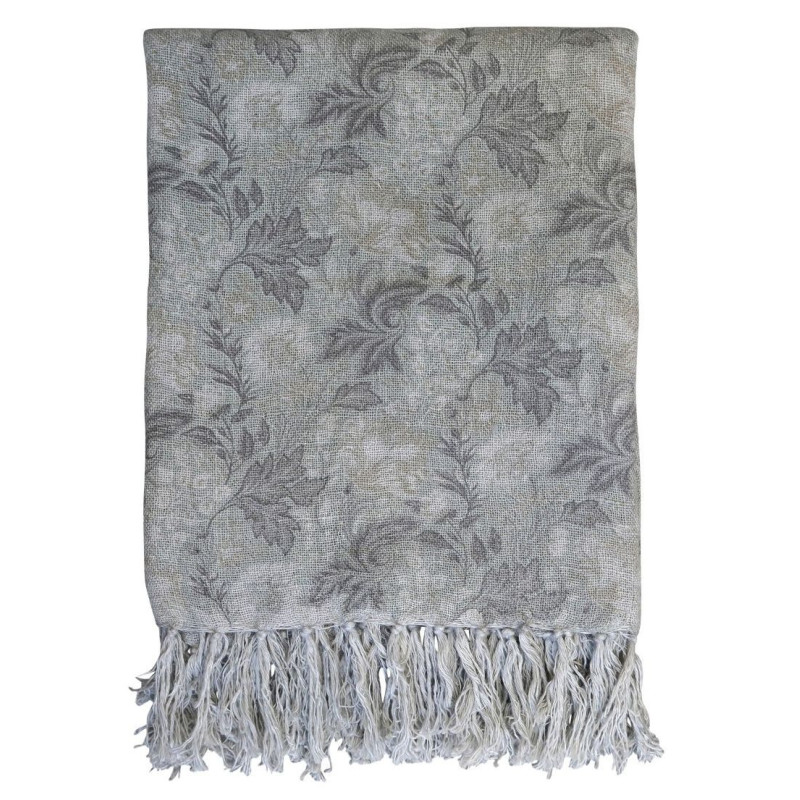 Béžovo-zelený lněný pléd s květinovým vzorem a třásněmi French floral - 130*170 cm