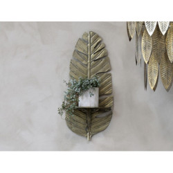 Mosazná antik nástěnná kovová polička ve tvaru peří Feather - 24*12*56cm
