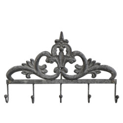 Šedý antik nástěnný věšák s 5-ti háčky a ornamentem - 32*4*21cm