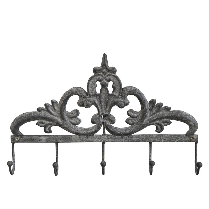 Šedý antik nástěnný věšák s 5-ti háčky a ornamentem - 32*4*21cm