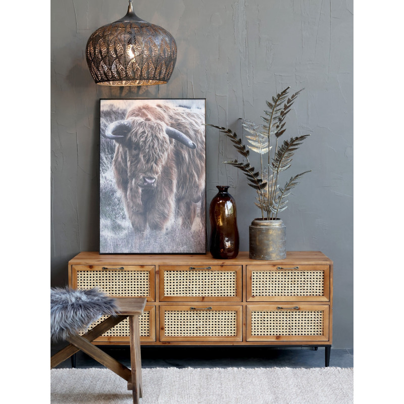 Hnědá antik dřevěná komoda se šuplíky a výpletem French wicker - 122*36*51cm