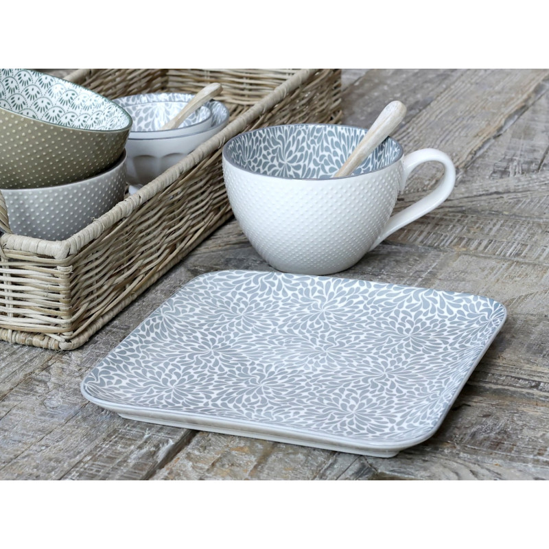 Šedý porcelánový hranatý talíř s ornamenty Arés Grey - 20*20*2cm