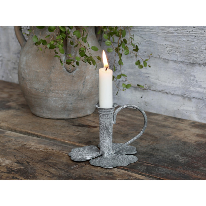 Zinkový antik svícen na úzkou svíčku Leaves - 13*12*9cm