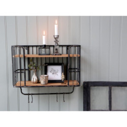 Černá antik nástěnná kovová polička s dřevěnými poličkami a háčky Old shelf- 52*20*45cm