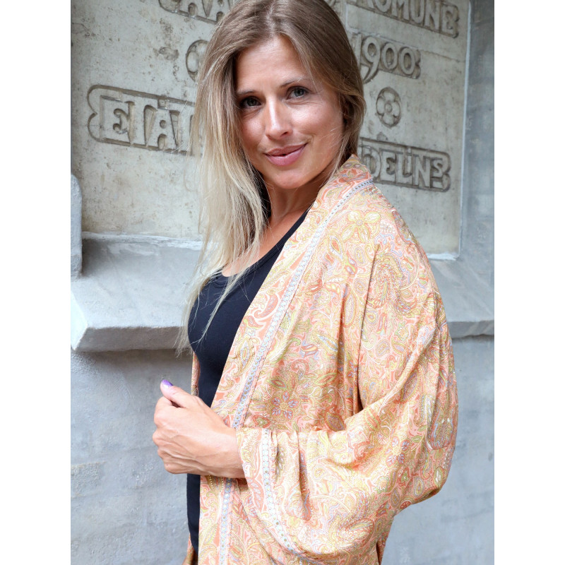 Lososové kimono / župan s květovaným vzorem Floral Print - one size