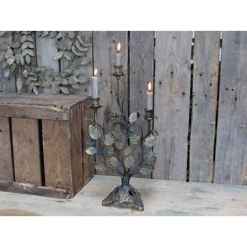 Kovový 3-ramenný vintage svícen s listy Leaves - 27*15*50 cm