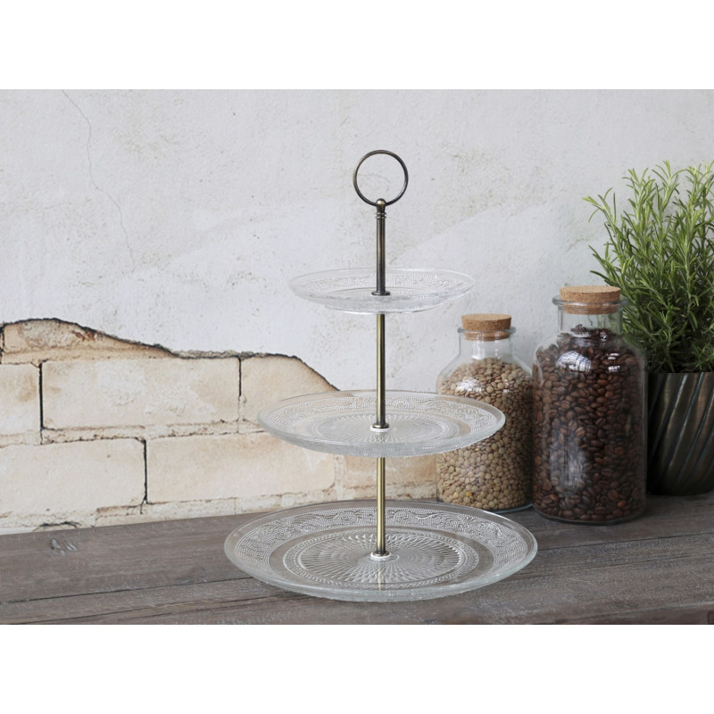 Skleněný 3-patrový etažér se zdobením Lace glass - Ø 26*35 cm