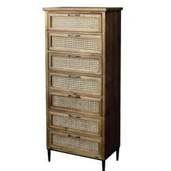 Hnědá antik dřevěná komoda se šuplíky a výpletem French wicker - 54*32*125cm
