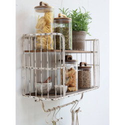 Krémová antik kovová nástěnná polička s háčky Old Shelf - 52*20*45 cm