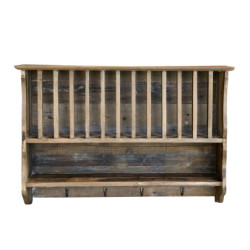 Hnědá antik dřevěná nástěnná polička s přihrádkami a háčky Plate Rack - 80*20*55 cm