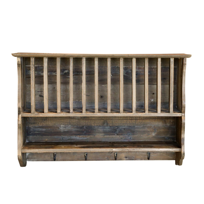 Hnědá antik dřevěná nástěnná polička s přihrádkami a háčky Plate Rack - 80*20*55 cm