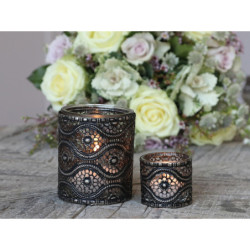 Skleněný vintage svícen s kovovým zdobením Flower - Ø 5*6 cm