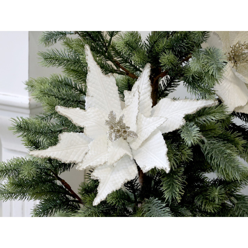 Bílá vánoční ozdoba květina hvězda Poinsettia na klipu - 25*6 cm