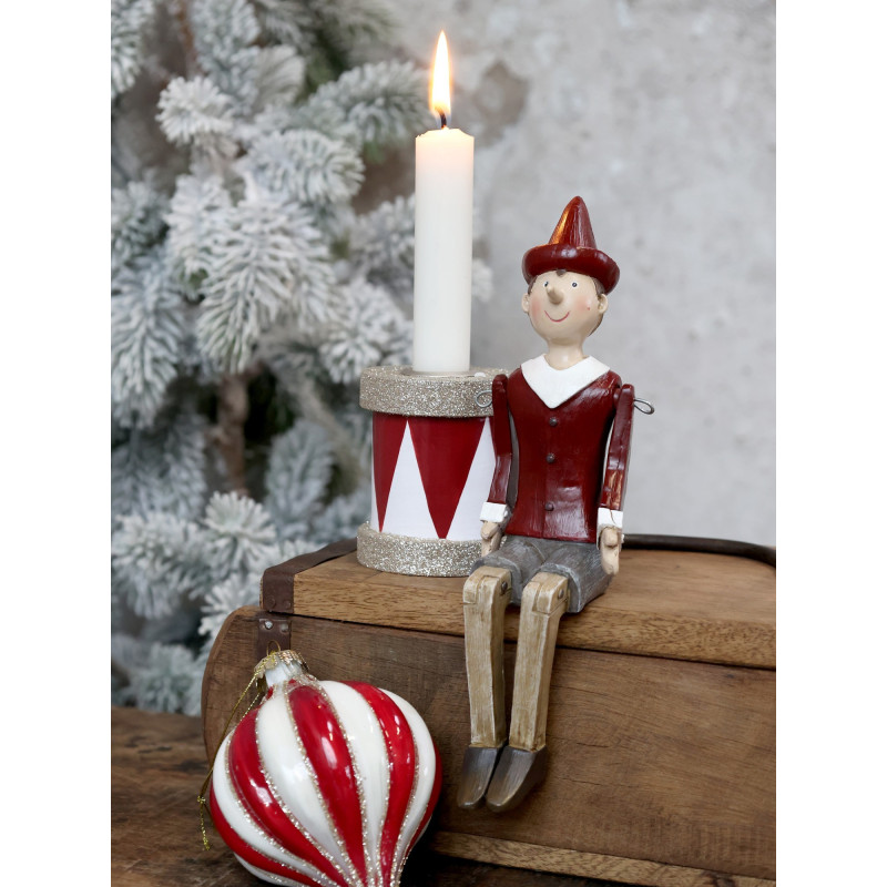 Červeno-bílý antik dřevěný svícen s glitry - 6*7cm