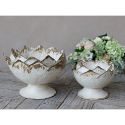 Béžová antik kovová dekorační mísa/ květináč na noze - Ø 29*19cm