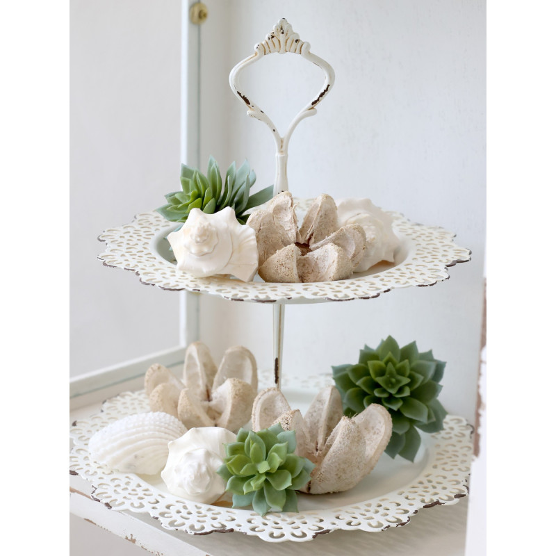 Krémový antik dekorační kovový etažér Lace - Ø 21*25 cm