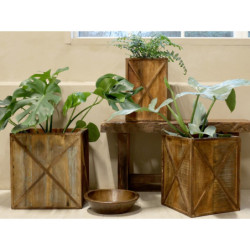3ks hnědý antik dřevěný box / obal na květináč Grimaud Unit - 37*37*40/ 30*30*39/ 24*24*37 cm