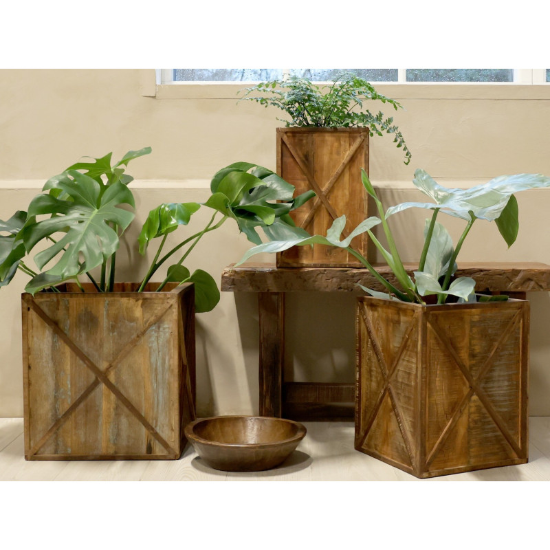 3ks hnědý antik dřevěný box / obal na květináč Grimaud Unit - 37*37*40/ 30*30*39/ 24*24*37 cm