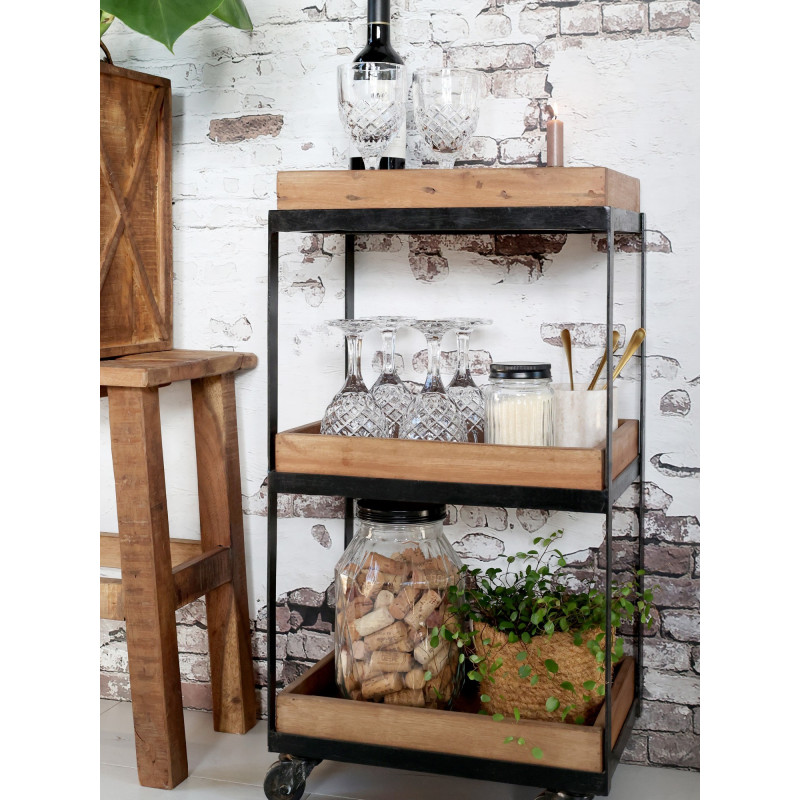 Hnědý kovový retro vozík s dřevěnými podnosy Grimaud Unit - 39*28*72 cm