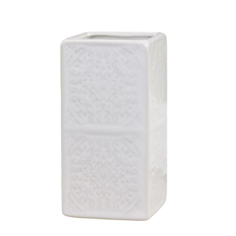 Bílý porcelánový držák na kartáčky s ornamenty - 7*7*12 cm