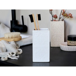 Bílý porcelánový držák na kartáčky s ornamenty - 7*7*12 cm