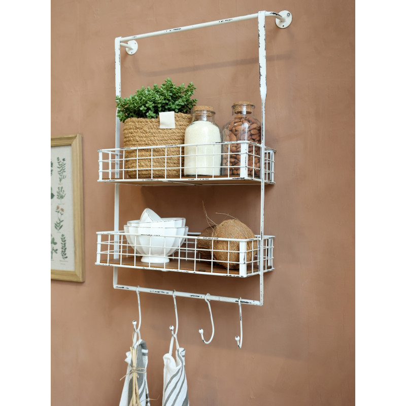 Krémová antik kovová nástěnná polička s háčky Old Shelf - 48*18*77 cm