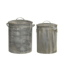 2ks kulatý plechový zinkový antik kbelík s víkem Planters - Ø 36*49/ Ø 30*44 cm