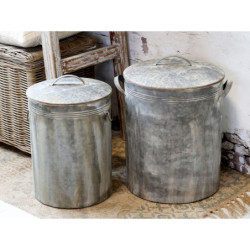 2ks kulatý plechový zinkový antik kbelík s víkem Planters - Ø 36*49/ Ø 30*44 cm