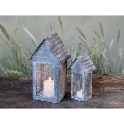 Šedá plechová antik lucerna domeček Candle house - 8*6*16 cm