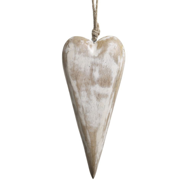 Krémové antik dřevěné závěsné srdce z mangového dřeva - 8*2*22 cm