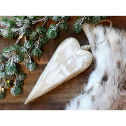 Krémové antik dřevěné závěsné srdce z mangového dřeva - 8*2*22 cm