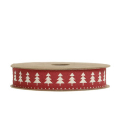 Červená bavlněná stuha se stromky Christmas Trees - 1,5cm x 5 m