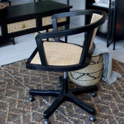 Černá dřevěná židle s výpletem a opěrkami na kolečkách Old French chair - 60*60*80 cm
