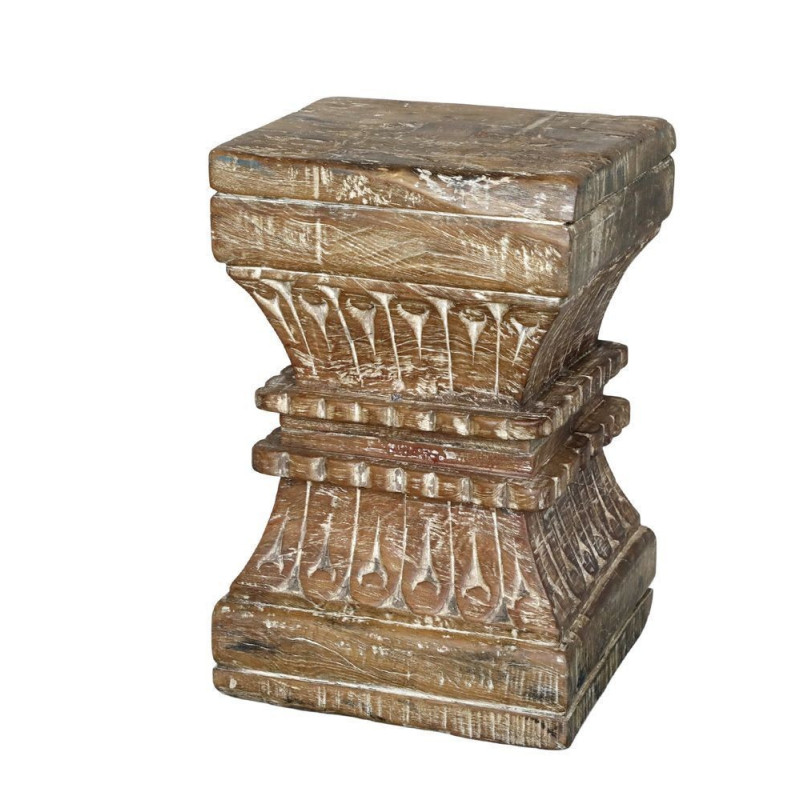 Hnědý dřevěný podstavec / stůl s řezbou Grimaud Unit - 25*25*38 cm