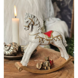 Krémová dekorace vintage houpací koník s medvídkem - 14*3*13 cm