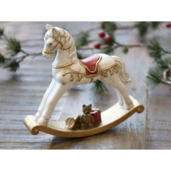 Krémová dekorace vintage houpací koník s medvídkem - 14*3*13 cm