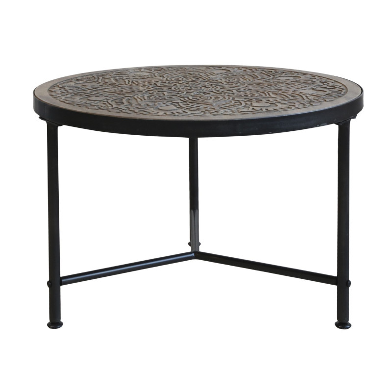 Kovový konferenční stůl s dřevěnou deskou s ornamenty Coffee - Ø 60*41cm