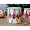 Červeno-bílý vánoční dřevěný buben s kůží Drum Vintage - Ø 17*16 cm