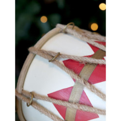 Červeno-bílý vánoční dřevěný buben s kůží Drum Vintage - Ø 17*16 cm