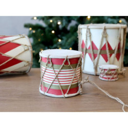 Červeno-bílý vánoční dřevěný buben s kůží Drum Vintage - Ø 11*10 cm