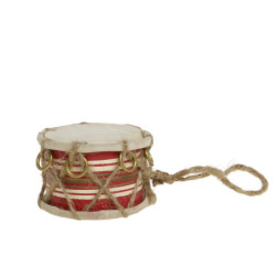 Červeno-bílý vánoční dřevěný bubínek s kůží Drum Vintage - Ø 6*4cm