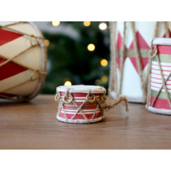 Červeno-bílý vánoční dřevěný bubínek s kůží Drum Vintage - Ø 6*4cm