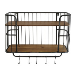 Černá antik nástěnná kovová polička s dřevěnými poličkami a háčky Old shelf- 52*20*45cm