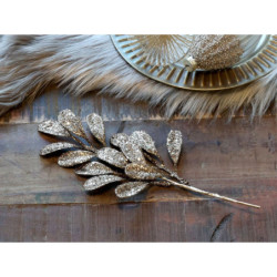 Champagne dekorace větvička listy Fleur s glitry - 14*27 cm