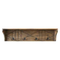 Hnědá antik dřevěná polička se 4 háčky Hooks - 91*20*23 cm